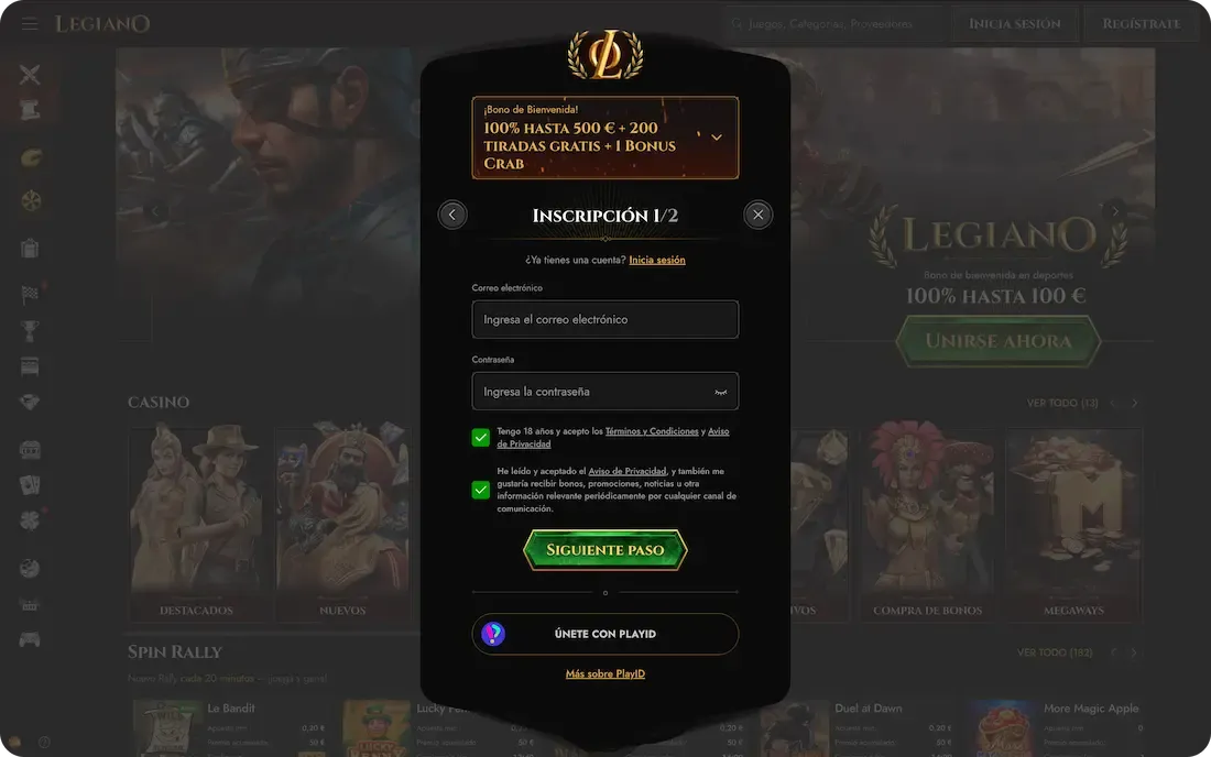 registro en el casino legiano