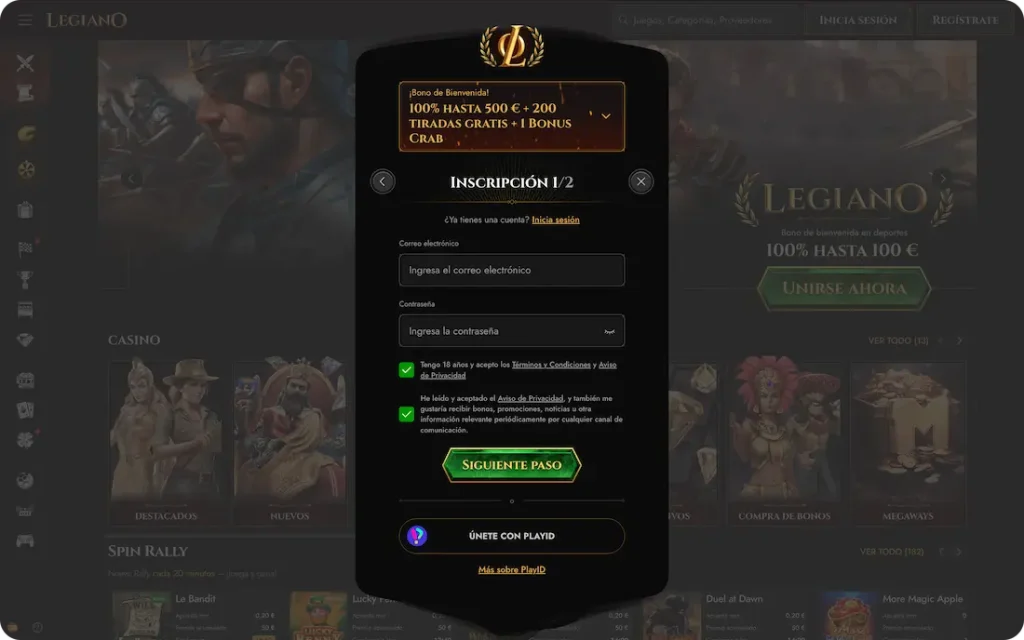  registro en el casino legiano